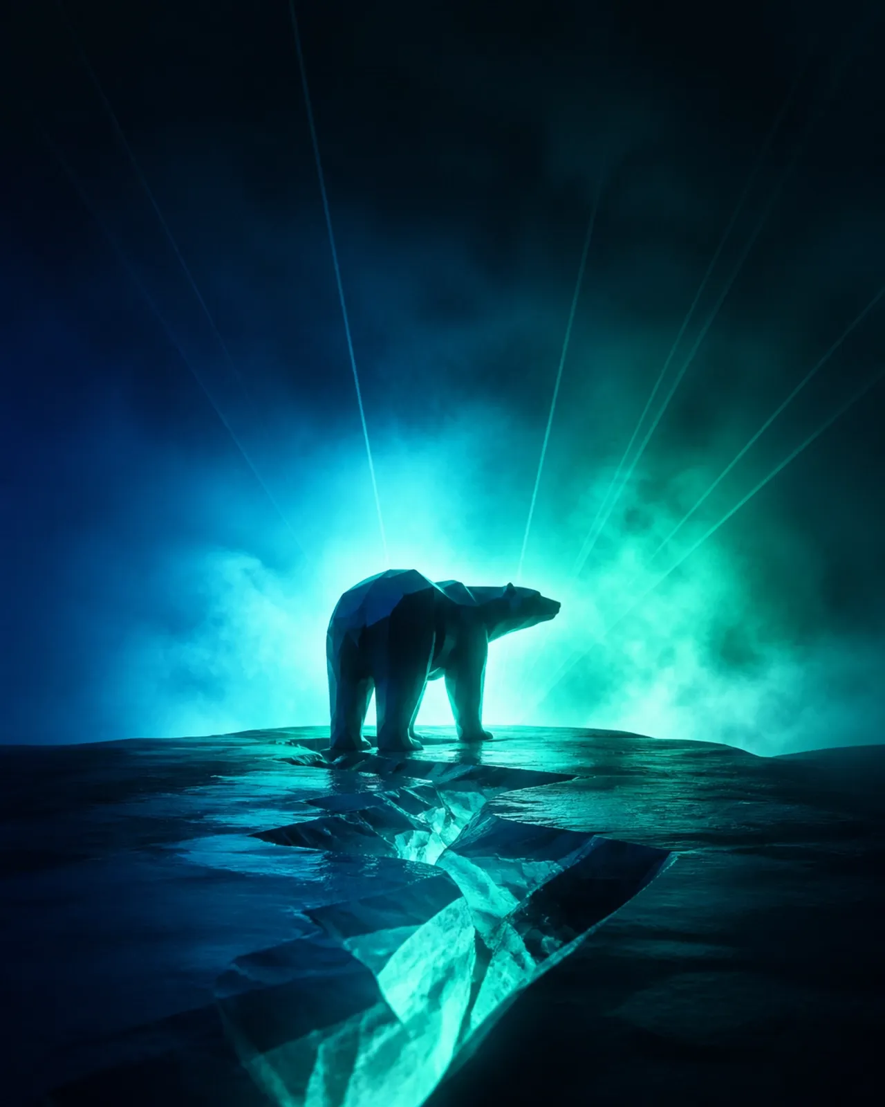 Geometric polar bear silhouette on a glacier under rave light