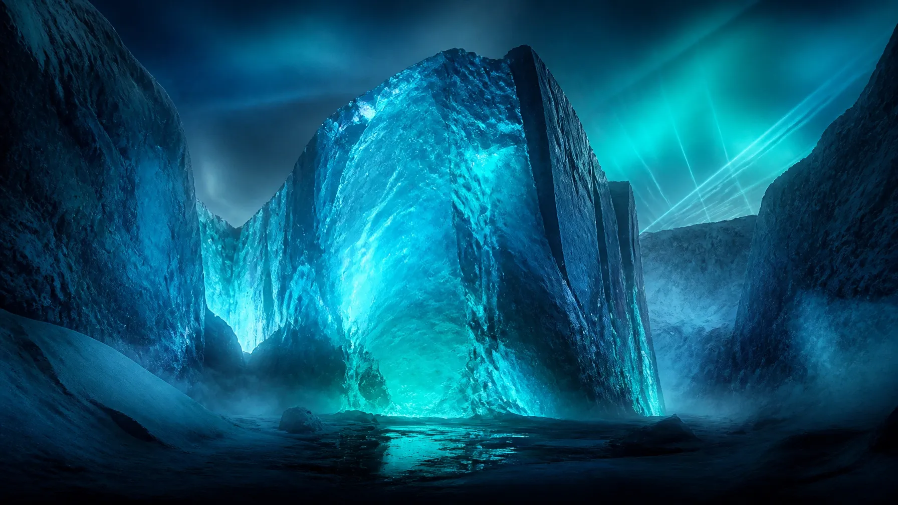 Glowing glacier cavern lit by cyan rave light